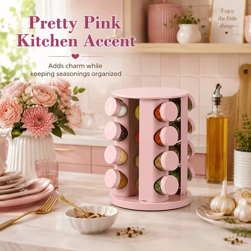 Pink 360° Rotating Spice Rack Organizer – 12 Jar Set