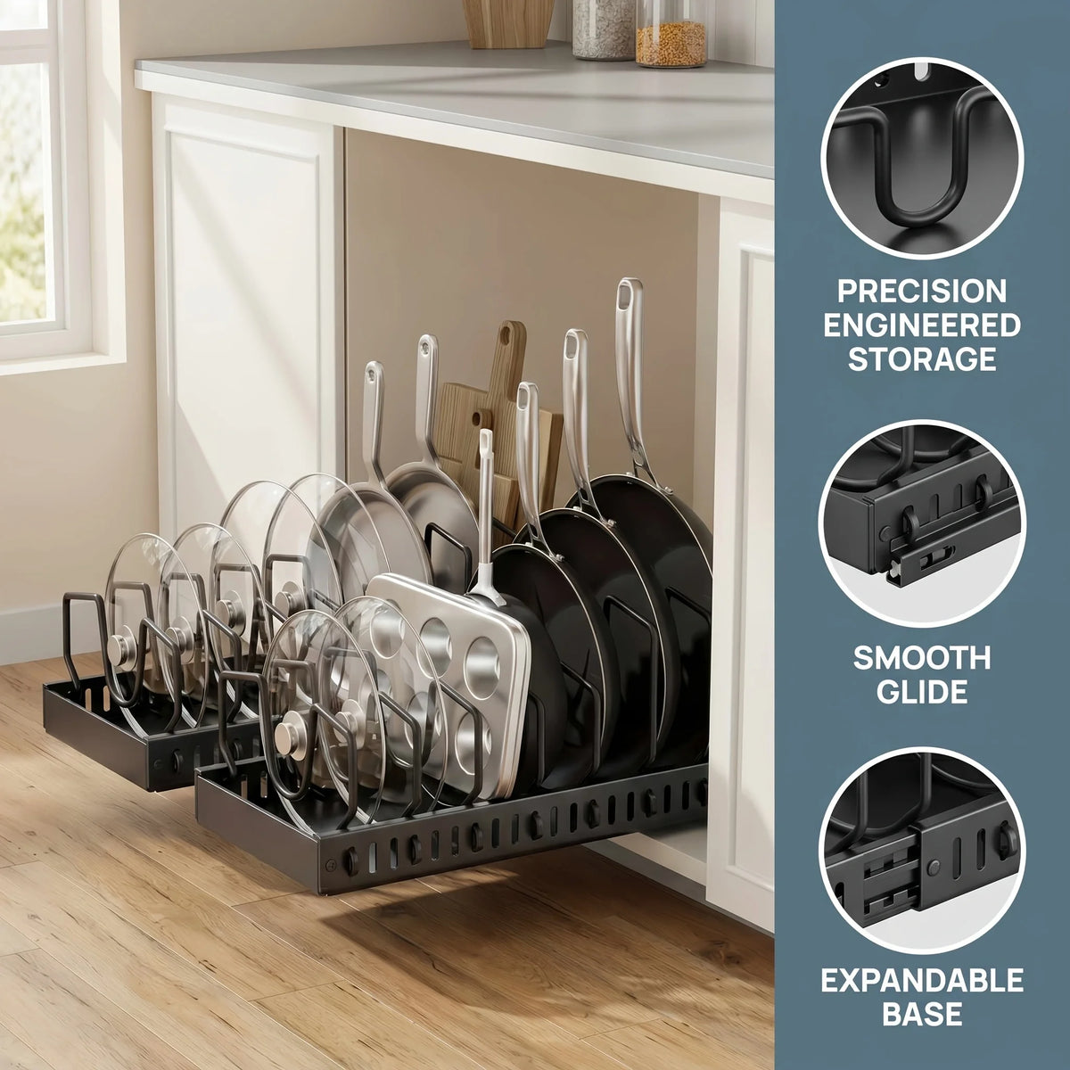 Pull-Out Pot & Pan Organizer with Adjustable Dividers