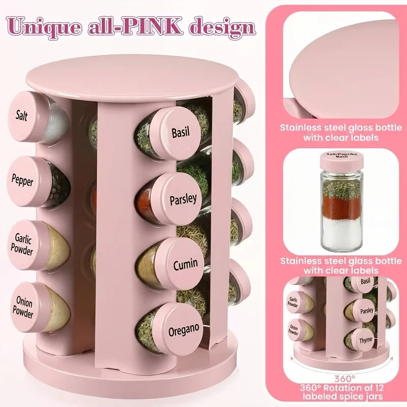 Pink 360° Rotating Spice Rack Organizer – 12 Jar Set