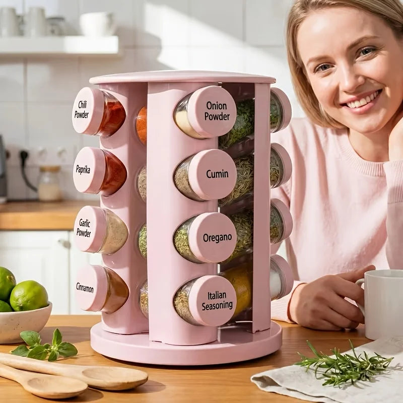 Pink 360° Rotating Spice Rack Organizer – 12 Jar Set