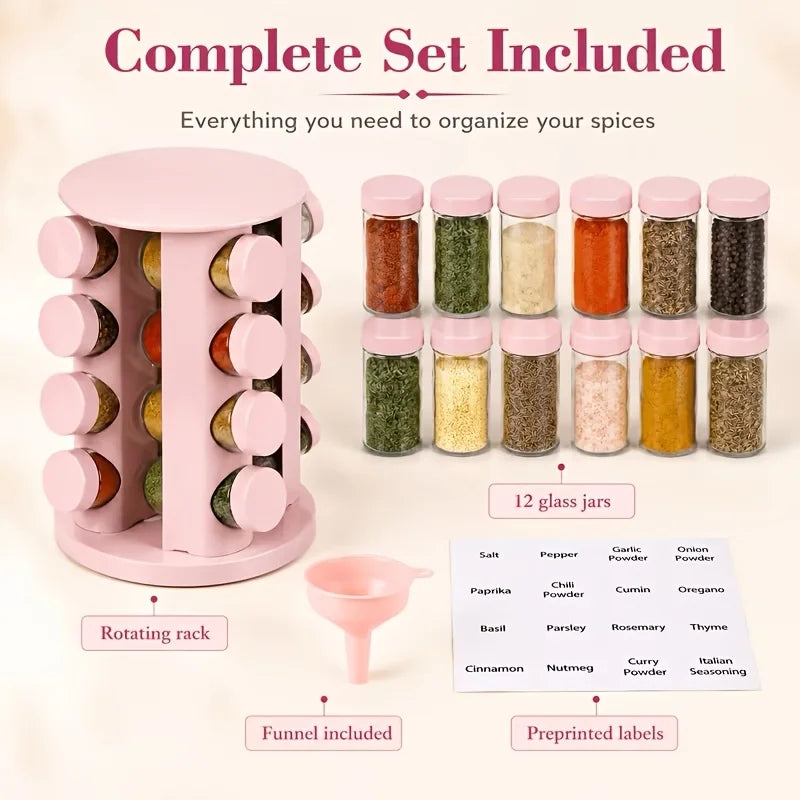 Pink 360° Rotating Spice Rack Organizer – 12 Jar Set